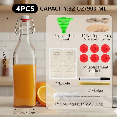 Ruckae Square Swing Top Glass Bottles with Lids Kombucha Coquito Flip Top Glass Bottle for Syrup Vanilla Extract Brew Beer Kefir Air Tight Bottles for Gift (32 oz 4 pack) - size: 32 oz 4 pack