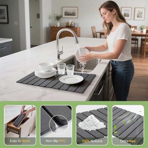 HABUTWAY Large Stone Dish Drying Mat for Kitchen Counter – 24"×16" Collapsible Diatomaceous Earth Mat, Ultra Absorbent & Quick Dry, Foldable Drying Pad for Dishes, Bottles, Cups (Dark Grey) - color: Dark Gray