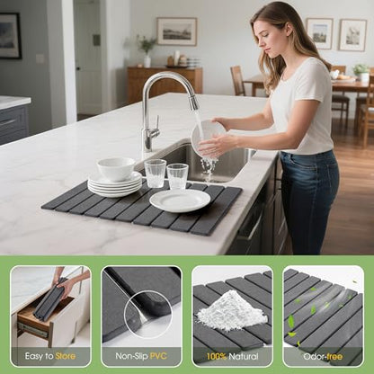 HABUTWAY Large Stone Dish Drying Mat for Kitchen Counter – 24"×16" Collapsible Diatomaceous Earth Mat, Ultra Absorbent & Quick Dry, Foldable Drying Pad for Dishes, Bottles, Cups (Dark Grey) - color: Dark Gray