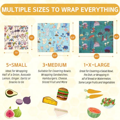 Reusable Beeswax Wrap - 9 Pack Beeswax Wraps for Food, Eco-Friendly Beeswax Food Wraps, Bread Sandwich Wrapper - Organic, Sustainable, Zero Waste, Reusable Plastic-Free Food Wrap, 1XL, 3M, 5S