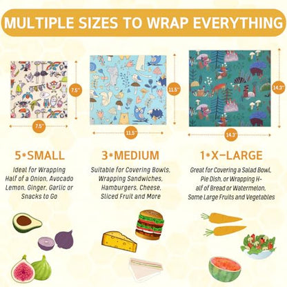 Reusable Beeswax Wrap - 9 Pack Beeswax Wraps for Food, Eco-Friendly Beeswax Food Wraps, Bread Sandwich Wrapper - Organic, Sustainable, Zero Waste, Reusable Plastic-Free Food Wrap, 1XL, 3M, 5S