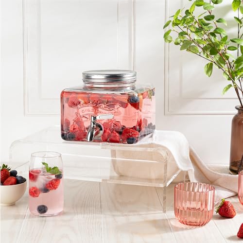 Glass Drink Dispenser for Fridge - Stainless Steel Spigot Mason Jar Dispenser with Wide Opening & Easy-Fill - Beverage Storage for Outdoor, Water, Iced Tea, Juice, Sangria & Detergent, 1 GALLON