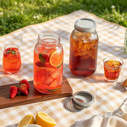 INSETLAN 64 oz Wide Mouth Glass Mason Jars, Set of 2, Ribbed Canning Jars for Sourdough Starter, Pickling, Fermentation, Sun Tea & Pantry Storage, Refrigerator Safe