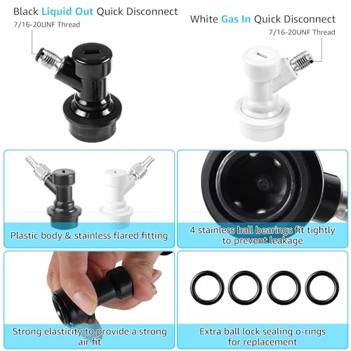 1 Pair Corny Keg Ball Lock Quick Disconnect with 3/8 OD Tube-7/16-20UNF Thread Push to Connect Fittings, Home Brewing Cornelius Keg Parts Ball Lock Keg Fittings with 4PCS Ball Lock Post O-rings - size: Ball Lock Disconnect + Push Lock Fittings