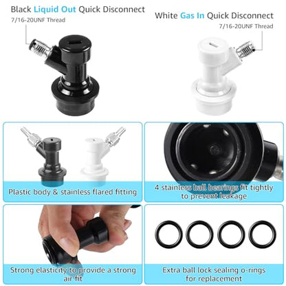 1 Pair Corny Keg Ball Lock Quick Disconnect with 3/8 OD Tube-7/16-20UNF Thread Push to Connect Fittings, Home Brewing Cornelius Keg Parts Ball Lock Keg Fittings with 4PCS Ball Lock Post O-rings - size: Ball Lock Disconnect + Push Lock Fittings
