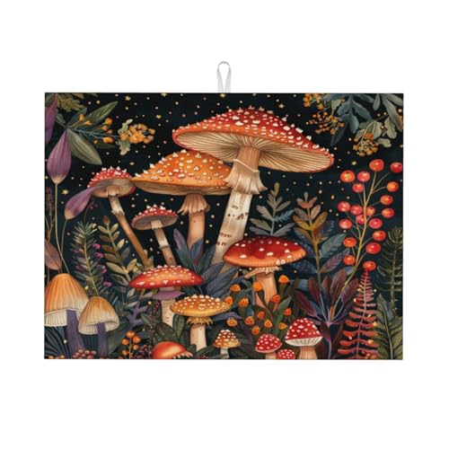 Dish Drying Mat Vintage Mushroom Forest for Kitchen Counter Absorbent 18x24 Inch Microfiber Dishes Plate Glass Dry Draining Pad Reversible Washable - color: A0131, size: 18" x 24"