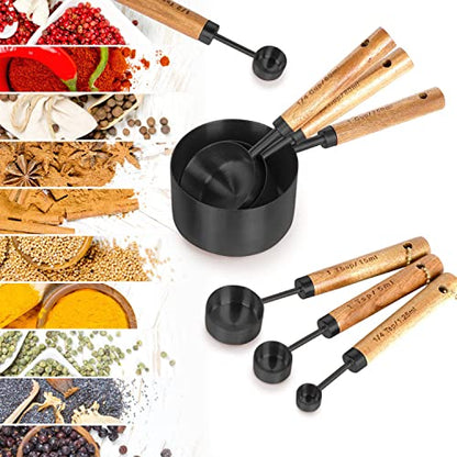 8-Piece Black Measuring Cups and Spoons Set, Stainless Steel Kitchen Measuring Set with Acacia Wood Handles for Baking and Cooking - color: Black