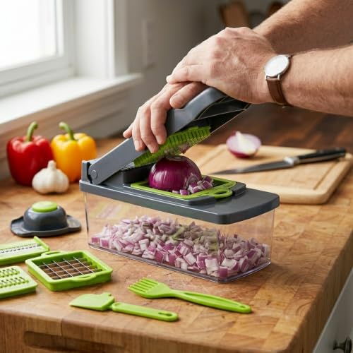 Vegetable Chopper with Container - 14-in-1 Onion Chopper, Food Chopper Dicer & Mandoline Slicer, Manual Veggie Cutter with 8 Stainless Steel Blades, Garlic Mincer, Cheese Grater, Egg Slicer & Hand Gua