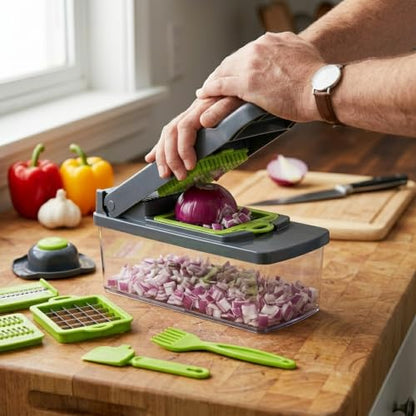 Vegetable Chopper with Container - 14-in-1 Onion Chopper, Food Chopper Dicer & Mandoline Slicer, Manual Veggie Cutter with 8 Stainless Steel Blades, Garlic Mincer, Cheese Grater, Egg Slicer & Hand Gua