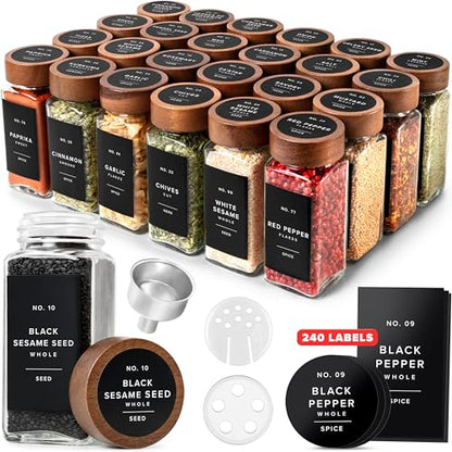 EDELHAUS Glass Spice Jars with Label, 24x Acacia Wooden Lids - Black Labels | Airtight acacia lids keep spices fresh; use as a spice organizer, seasoning containers or 4 oz jar set; funnel & 240 labels - color: Acacia Lid + Black Labels