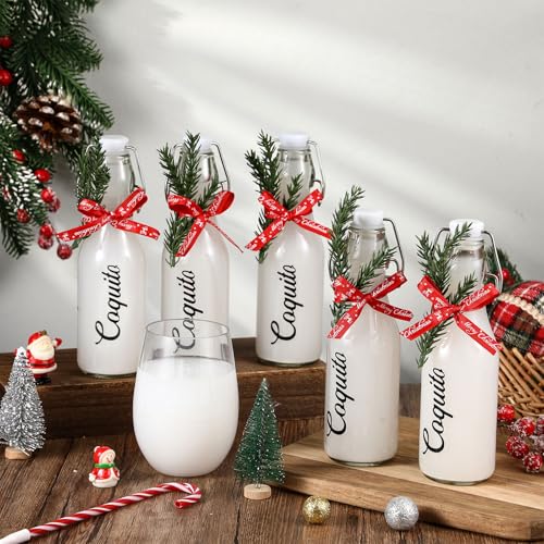 Sieral 12 Pack Christmas Coquito Bottle 8oz Clear Glass Flip Swing Top Beer Brewing Bottles with Ribbon and Artificial Branches for Liquids Wine Christmas Party Xmas Gifts - style: Coquito
