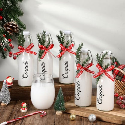Sieral 12 Pack Christmas Coquito Bottle 8oz Clear Glass Flip Swing Top Beer Brewing Bottles with Ribbon and Artificial Branches for Liquids Wine Christmas Party Xmas Gifts - style: Coquito