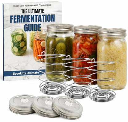 Ultimate Fermentation Kit to Make Probiotic Vegetables: Sauerkraut, Kimchi, Pickles w/FREE Digital Guide, 3 Fermenting Springs & Venting Lids for Easy Pickling in Wide Mouth Mason Jars (Not Included)