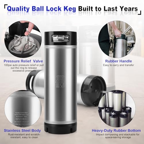 Cornelius Keg New 5 Gallon Ball Lock Keg, 304 Stainless Steel Corny Keg Beer Keg with Ball Lock Quick Disconnects & Ball Lock Keg Posts, 2.5 Gallon Keg with Dual Rubber Hanlde for Homebrew