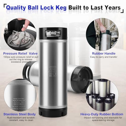 Cornelius Keg New 5 Gallon Ball Lock Keg, 304 Stainless Steel Corny Keg Beer Keg with Ball Lock Quick Disconnects & Ball Lock Keg Posts, 2.5 Gallon Keg with Dual Rubber Hanlde for Homebrew