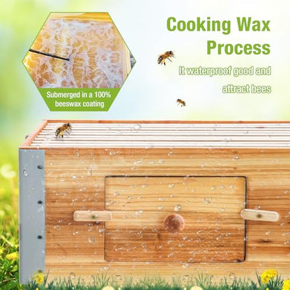 GUTINNEEN Bee Hive with Metal Frame, 10 Frame Bee Hives Boxes Dipped in 100% Beeswax,Bee Keeping Supplies-All Starter Kit Includes Wooden Frames & Waxed Foundations