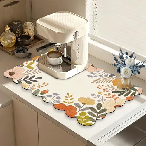 Scalloped Cute Coffee Bar Mat for Countertop, Dish Drying Mats for Kitchen Counter, Orange Flowers for Spring Summer, Diatomite Absorbent, Kitchen Aesthetic Decor (16"x24", Orange Flowers) - color: Z-Orange Flowers, size: 24" x 16"