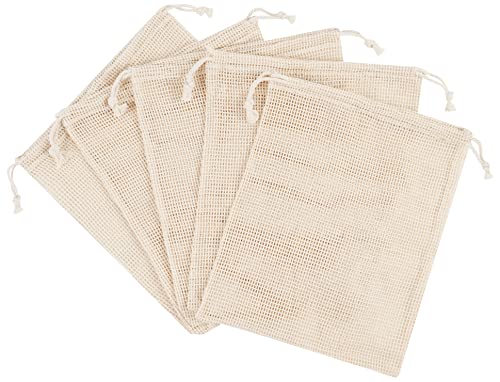 PALTERWEAR 100 Percent Natural Cotton Double Drawstring Mesh Bag For Herbs, Nuts, Fruit, Vegetables (8 x 10 Inch - Set of 5) - size: 8 x 10 Inch - Set of 5