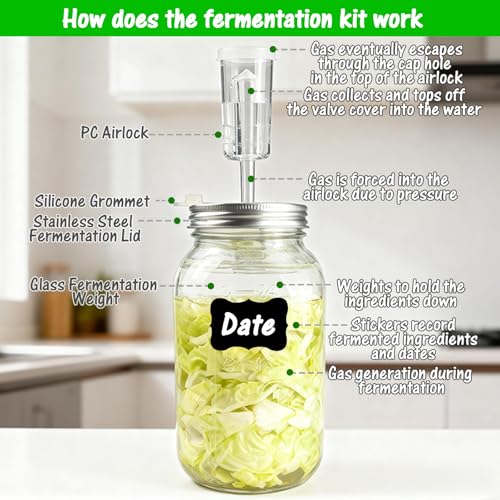 Fermentation Kit for Wide Mouth Mason Fermentation Jar, Fermentation Kit with 4 Glass Fermentation Weights,4 Fermenting Lids,4 Airlocks,5 Silicone Gaskets,6 Silicone Grommets, 9 Stickers（No Jars）