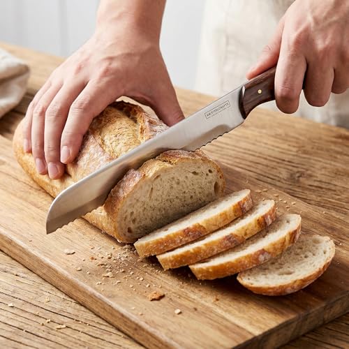 AM Steelcrafts Handmade Premium Artisanal 9 Inch Bread Knife, Serrated Stainless Steel Blade, Ergonomic Dark Wood Handle with Brass Rivets