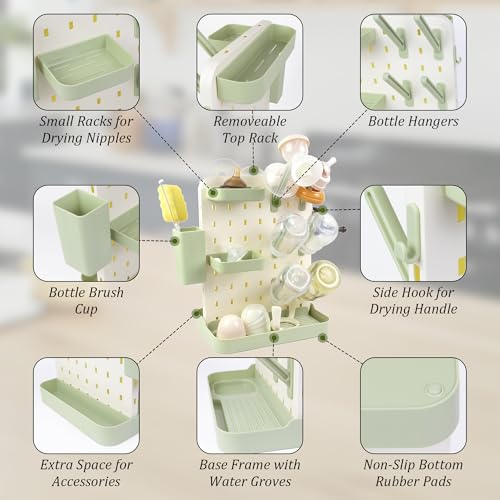 Baby Bottle Drying Rack Space Saving Countertop Vertical Rack with Brushes Holder (Green) - color: Green