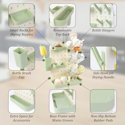 Baby Bottle Drying Rack Space Saving Countertop Vertical Rack with Brushes Holder (Green) - color: Green