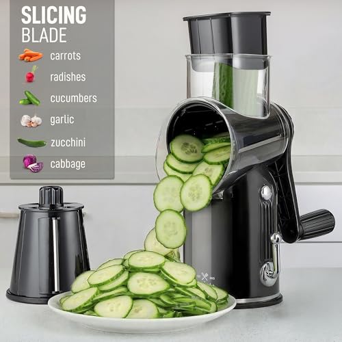 Zulay Kitchen Rotary Cheese Grater 5 Blade Cheese Shredder - Manual Hand Crank Cheese Grater With Reinforced Suction & 5 Interchangeable Drums - Easy to Use, Vegetable Chopper Round Mandoline Slicer - color: Classic | Black
