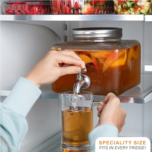 Glass Drink Dispenser for Fridge - Stainless Steel Spigot Mason Jar Dispenser with Wide Opening & Easy-Fill - Beverage Storage for Outdoor, Water, Iced Tea, Juice, Sangria & Detergent, 1 GALLON