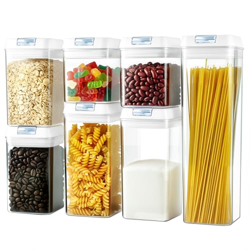 Clear Airtight Food Storage Containers, 7-Piece Set | BPA-free plastic kitchen pantry organization canisters. Stackable design ideal for cereal, spaghetti, and pasta storage.