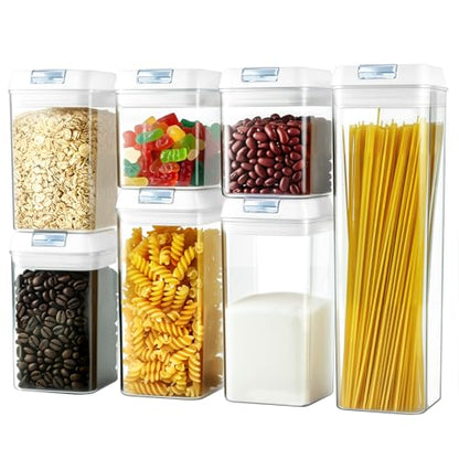 Clear Airtight Food Storage Containers, 7-Piece Set | BPA-free plastic kitchen pantry organization canisters. Stackable design ideal for cereal, spaghetti, and pasta storage.