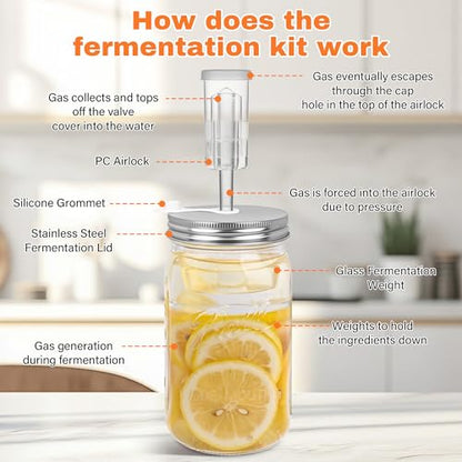 Xileanalee Fermentation Kit Set for Wide Mouth Mason Jar,Sauerkraut/Pickling Kit with 4 Glass Fermentation Weights,4 Fermenting Lids,4 Airlocks,5 Silicone Gaskets,5 Silicone Grommets(No Jars) - color: White