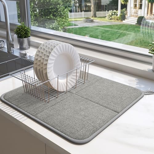 YDKGL Dish Drying Mat for Kitchen Counter, Ultra Absorbent & Fast Drying Dish Mat Machine Washable Foldable Drying Pad for Countertops, Sinks, Draining Racks, Grey - size: 16" x 18"