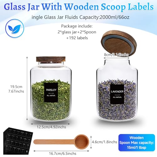 66oz Large Glass Storage Jar with Wooden Lids Spoons Labels Glass Coffee Ground Canister Borosilicate Glass Sugar Flour Container for Cookies Spice Rice Tea(2000ml/67oz-2 pack-with scoop) - color: 2000ml/67oz-2 pack-with scoop