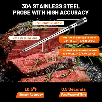 Wireless Meat Thermometer with Smart Timer & APP Control, 800ft Bluetooth Grill Food Thermometer - 0.19In-Ultra Thin Probe, ±0.5℉ Accuracy, Digital Backlit Screen for BBQ, Oven, Smoker, Kitchen