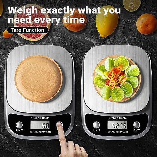 GRAM PRES Food Kitchen Scale Digital Weight Grams and Oz 3kg/0.1g | Professional Small Digital Kitchen Food Scales for Weight Loss - color: Silver-K1905-3kg