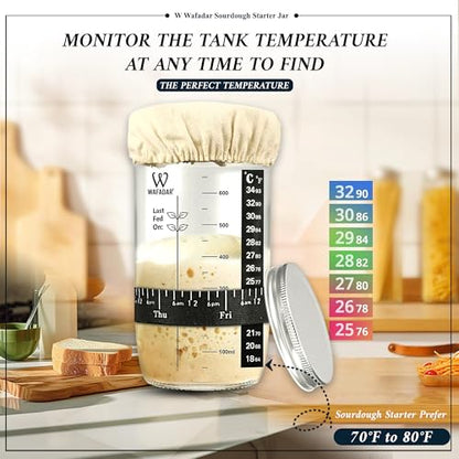 Upgraded Sourdough Starter Jar Kit –24 oz Glass Jar with Date Marked Feeding Band, Thermometer, Scraper, Cleaning Brush & Measuring Cups, Complete Bread Baking Supplies