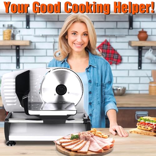 Meat Slicer 200W Electric Deli Food Slicer with 2 Removable 7.5" Stainless Steel Blade, Adjustable Thickness for Home Use, Child Lock Protection, Easy to Clean, Cuts Meat, Bread and Cheese