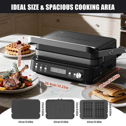 CATTLEMAN Panini Grill Press Sandwich Maker with Removable Plates, 1600W, 6 in 1 Waffle Maker & Electric Indoor Grill with Meat Thermometer, PFAS Free Ceramic Nonstick Reversible Plates, Opens Flat - color: Black with Waffle Plates
