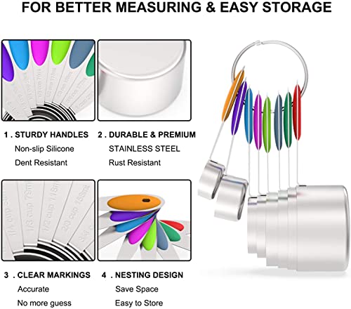 Wildone Measuring Cups and Magnetic Measuring Spoons Set, 16Pcs | 8 Stainless Measuring Cups, 7 Double-sided Magnetic Measuring Spoons & leveler for Spice Jar and Liquid Measuring, Multicolor - color: Multicolor