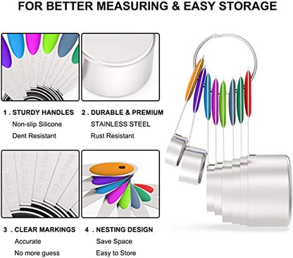 Wildone Measuring Cups and Magnetic Measuring Spoons Set, 16Pcs | 8 Stainless Measuring Cups, 7 Double-sided Magnetic Measuring Spoons & leveler for Spice Jar and Liquid Measuring, Multicolor - color: Multicolor