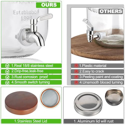 2PCS Large Drink Dispensers for Parties,Glass Beverage Dispenser with Wood Stand,Lemonade Drink Dispenser with Stainless Steel Spigot for Fridge,Water, Juice,Punch,Cocktails,Ice Tea & Sun Tea