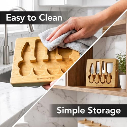 OVENTE 4 Piece Cheese Knife Set with Bamboo Handle & Wooden Case, Complete Stainless Steel Charcuterie Knives, Ideal Cheese Slicer, Spread & Butter Cutter for Party and Holiday Gift, Brown KCS5974B