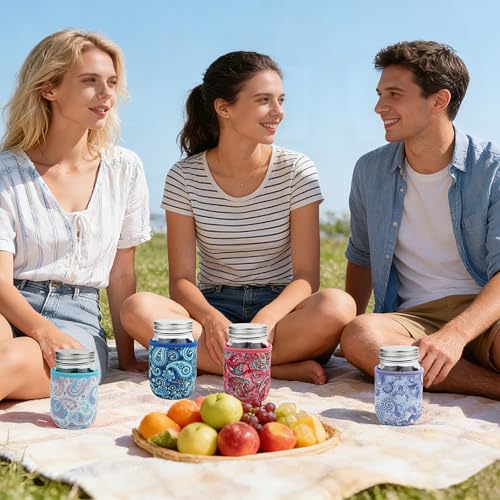 KJQJLY 4 Pcs Mason Jars Sleeves Neoprene 16oz Regular and Wide Mouth Mason Jar Sleeves Holder with Handle (Paisley, 16 OZ) - color: Paisley, size: 16 OZ