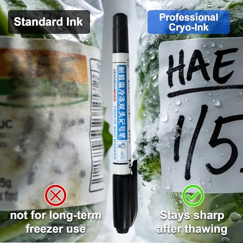 Freezer Bag Markers 2 Pack, Permanent Food Grade Pens with 1.0mm Chisel & 0.5mm Fine Tips for Freezer Labels, Fast Drying Waterproof Smudge Proof Ink Writes on Plastic, Glass, Metal, Foam