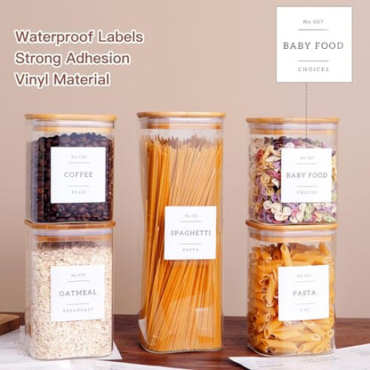 CZZGSM 5 Pack Square Glass Pantry Storage Containers with 132 Kitchen Food Pantry Labels - Clear Glass Jars with Airtight Wood Bamboo Lids - Glass Canisters for Cookies, Nuts, Cereal - color: 5 Pack