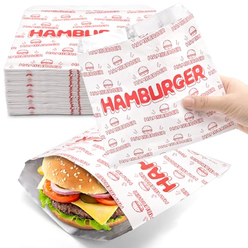 ZENFUN 200 Pack Hamburger Wrappers, Foil Hamburger Sleeves, Grease Resistant Hamburger Bags Bulk, BPA Free Cheeseburgers Wrappers for Snack Bars, Food Truck, Take Out, Concession Stand, Christmas