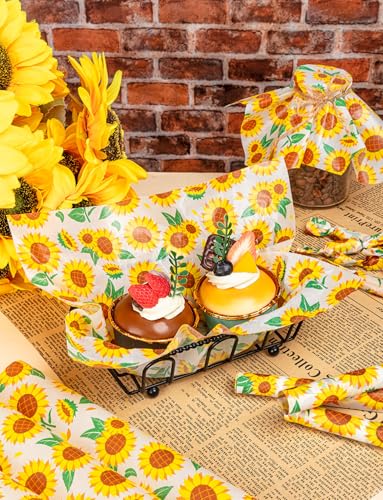 200 Pcs Sunflower Wax Paper Sheets for Food, Wax Paper for Food Sandwich Wrap Paper Deli Wraps, Waterproof Oil-proof Picnic Basket Liners with Sunflower Pattern for Kitchen Handmade Food, LARGE