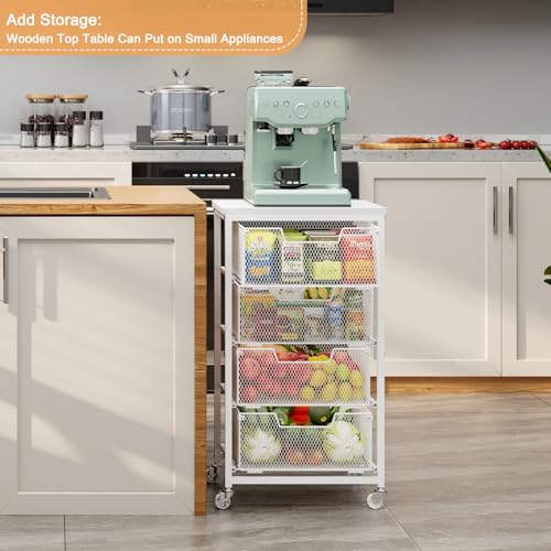 4-Tier Kitchen Storage Cart - Fruit Vegetable Storage Cart with Drawers, Wooden Top Metal Wire Kitchen Organizer and Storage Cart with Wheels to Storage Onions Potatoes Cans Snacks for Kitchen - size: White