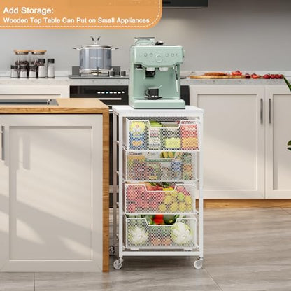 4-Tier Kitchen Storage Cart - Fruit Vegetable Storage Cart with Drawers, Wooden Top Metal Wire Kitchen Organizer and Storage Cart with Wheels to Storage Onions Potatoes Cans Snacks for Kitchen - size: White