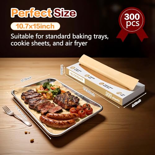 Tchrules Pop Up Parchment Paper Sheets 300 Pack 10.7x15 Inch | Pre Cut Sheets | Non Stick | Unbleached | 450°F Heat Safe | Air Fryer & Baking Use